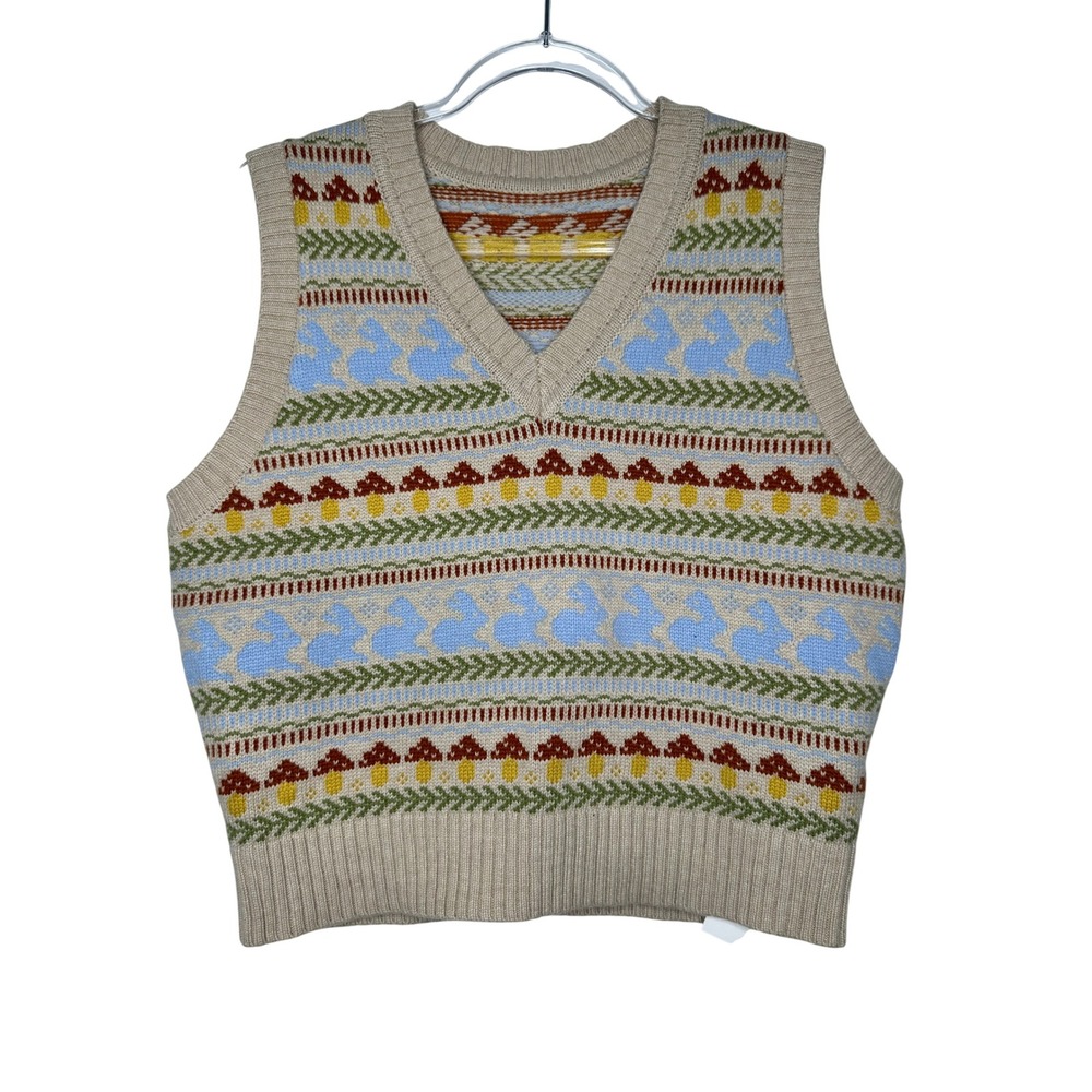 Simple Retro Knit Sweater Vest Size L Beige Mushroom Bunny Fair Isle Wool Blend